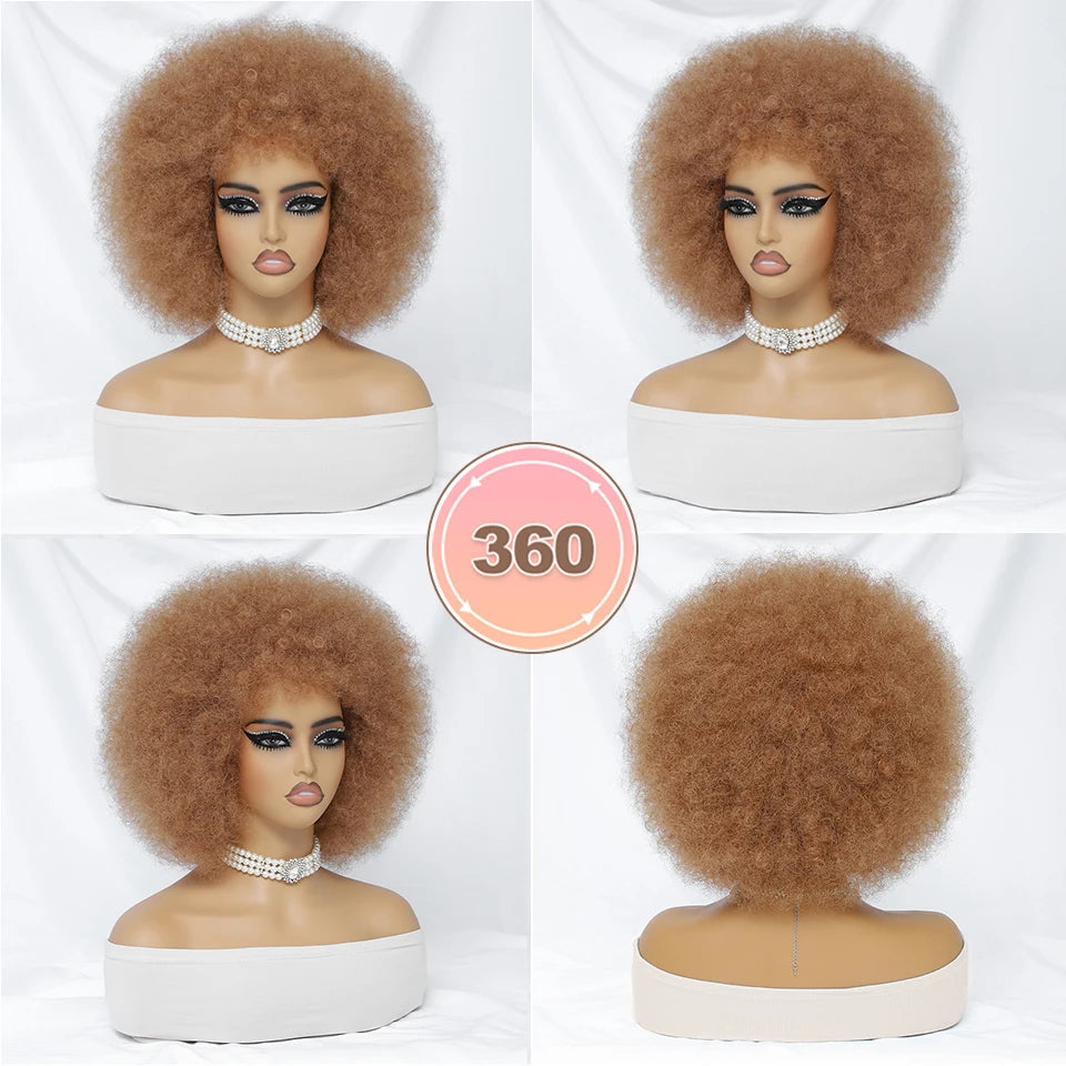 Short Afro Wigs for Black Women Blonde 10" Afro Curly Wig With Bangs 70s Bouncy Natural Synthetic Female Wigs for Party Cosplay