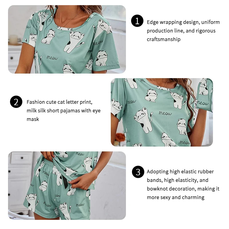 Women Pajamas Sets Short Sleeve Nightwear Top and Pants Sleepwear 2 Piece Pjs Loungewear Cartoon Print Pyjamas Set Nightwear