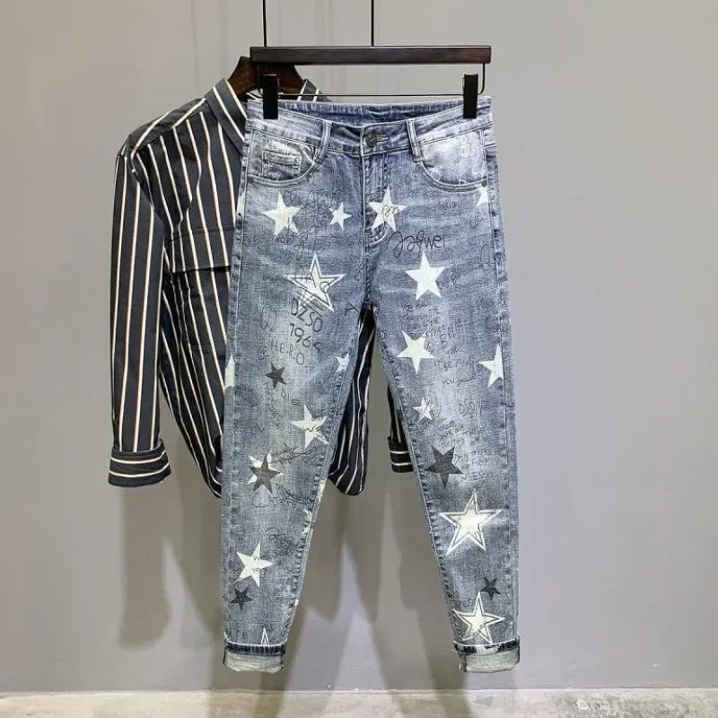 pantalones jeans Trousers Star Man Cowboy Pants Cropped Elastic Men's Jeans Stretch Light Blue with Print Clothes Y2k 2000s Spring Autumn Washed