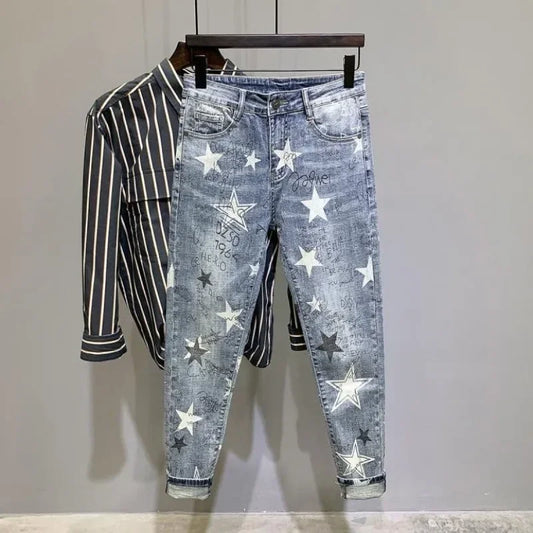 pantalones jeans Trousers Star Man Cowboy Pants Cropped Elastic Men's Jeans Stretch Light Blue with Print Clothes Y2k 2000s Spring Autumn Washed