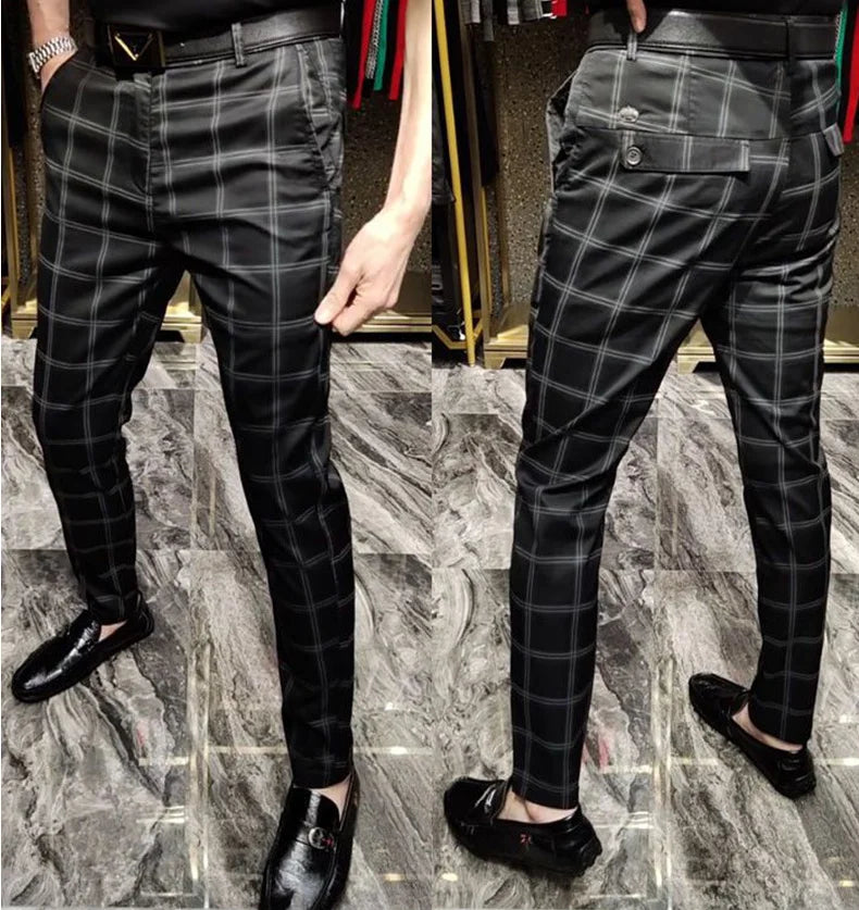 New Male Classic Black Formal Pants Men Striped Plaid Business Casual Fashion Comfortable Office Cotton Slim Suit Trousers 29-38