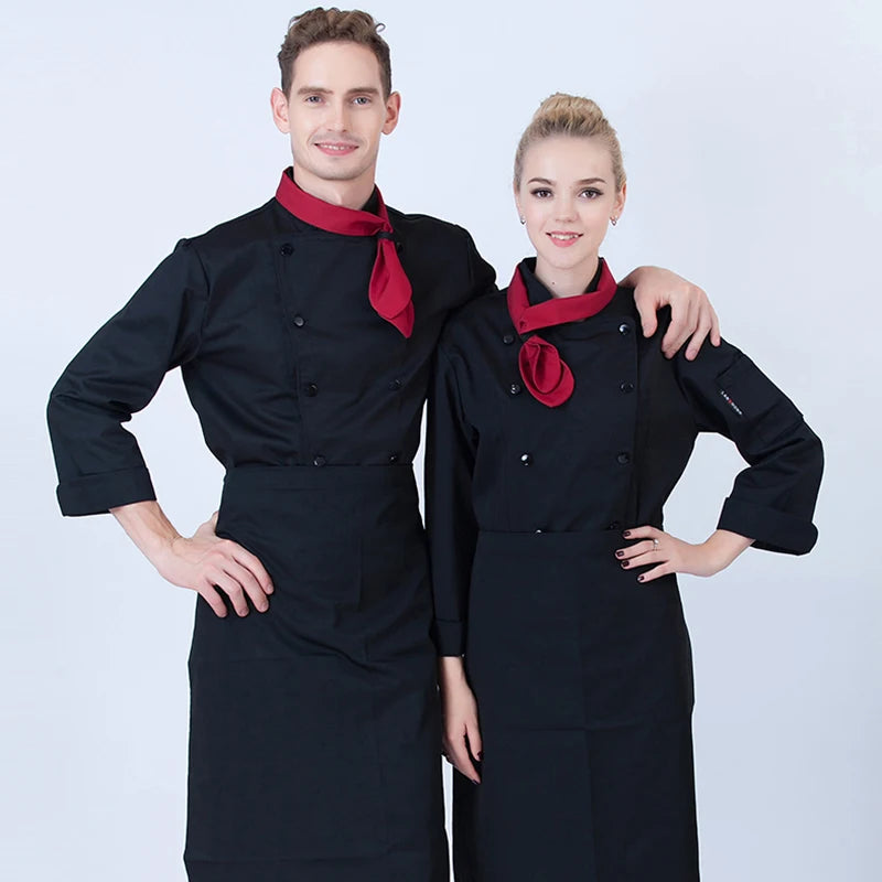 ropas de cocina ,chef Unisex Kitchen Chef Jackets Restaurant Waiter Uniform Shirt Bakery Double Breasted Work Clothes Long Sleeves Send Bow Tie