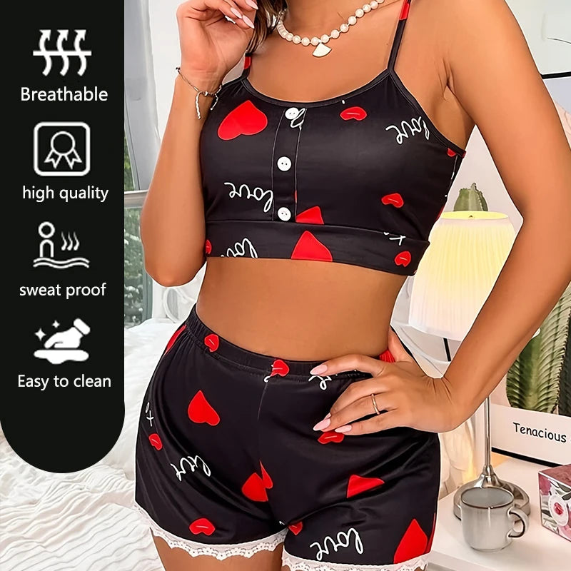 2PCS/Set Ladies Pajamas Black Love Halter Tank Top Shorts European Version of Ladies Fashion Sexy Lace Halter Soft Homewear