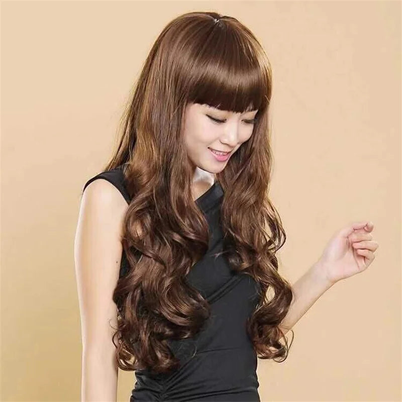 Brown Long Curly Wig for Women Daily Use Sythetic Fiber Heat Resistant Neat Bangs Lovely Gift Peluca