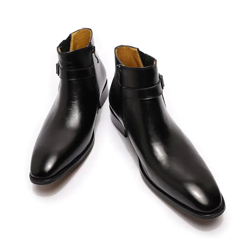 zapatilla italiano Men's Italian Leather Dress Boots With Zipper & Buckle