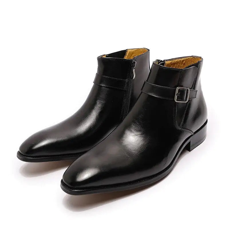 zapatilla italiano Men's Italian Leather Dress Boots With Zipper & Buckle